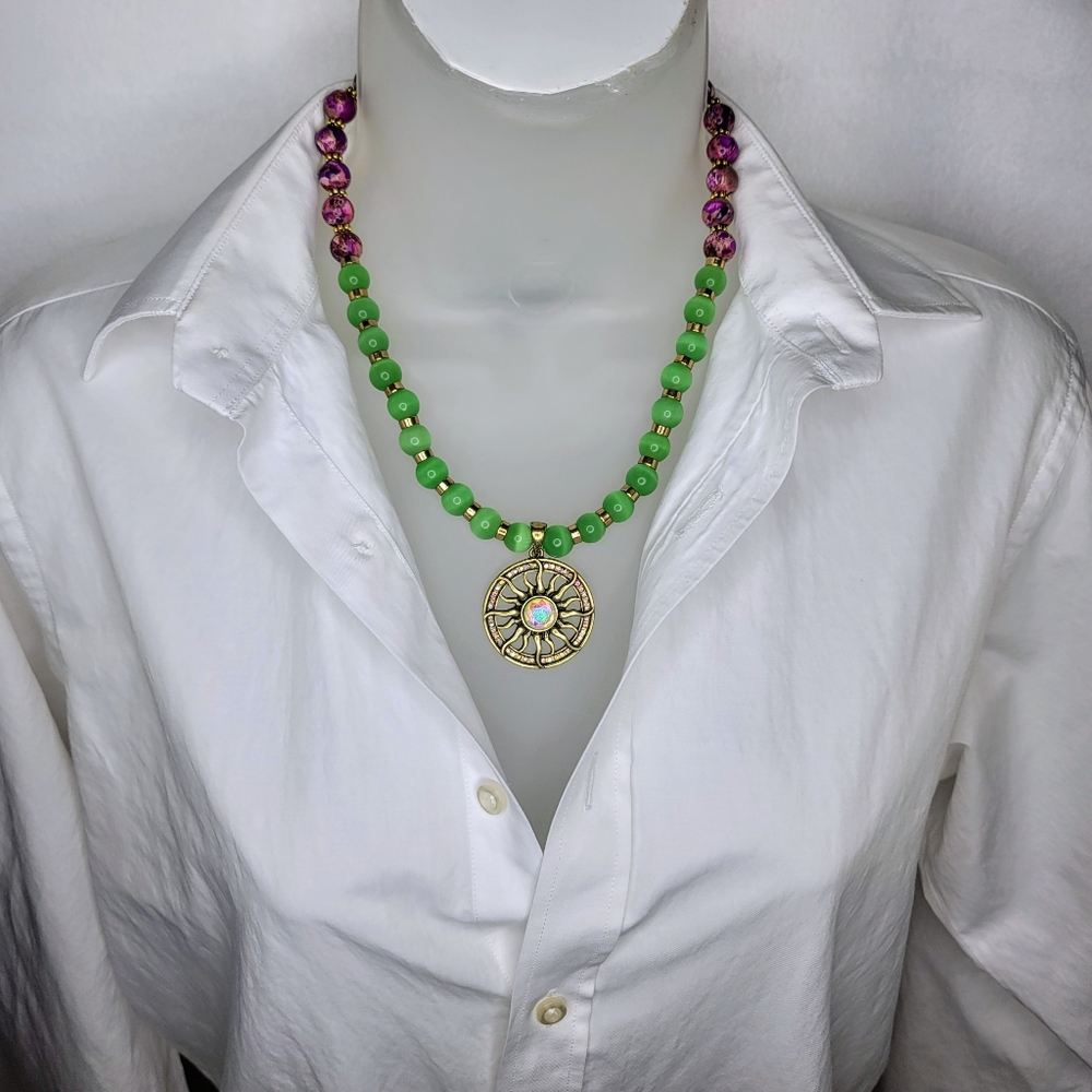 Purple and green stylish beaded necklace.